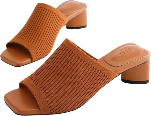 TIJN Open Toe Heeled Mules for Women, Square Flat, Triangle Low Block Heels, Breathable Recycled Knit Fabric, 100% Vegan, No Squeezing, Slip-On Design(Katrin) in Saudi Arabia