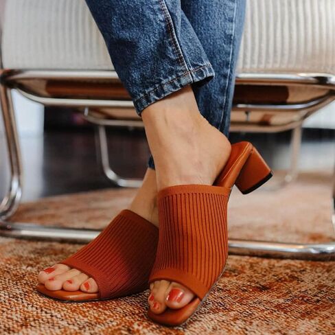 TIJN Open Toe Heeled Mules for Women, Square Flat, Triangle Low Block Heels, Breathable Recycled Knit Fabric, 100% Vegan, No Squeezing, Slip-On Design(Katrin) in Saudi Arabia