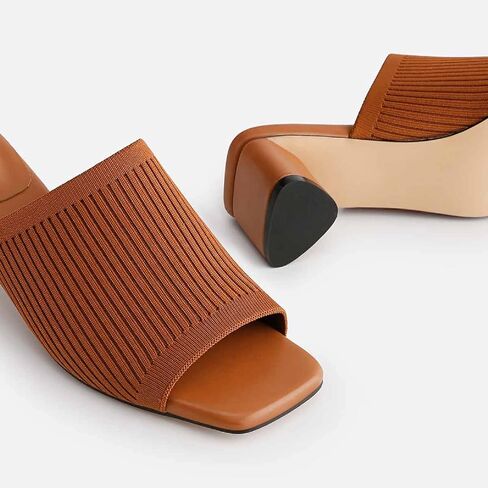 TIJN Open Toe Heeled Mules for Women, Square Flat, Triangle Low Block Heels, Breathable Recycled Knit Fabric, 100% Vegan, No Squeezing, Slip-On Design(Katrin) in Saudi Arabia