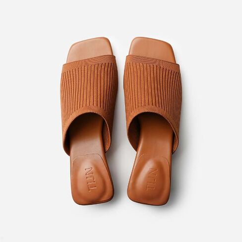 TIJN Open Toe Heeled Mules for Women, Square Flat, Triangle Low Block Heels, Breathable Recycled Knit Fabric, 100% Vegan, No Squeezing, Slip-On Design(Katrin) in Saudi Arabia
