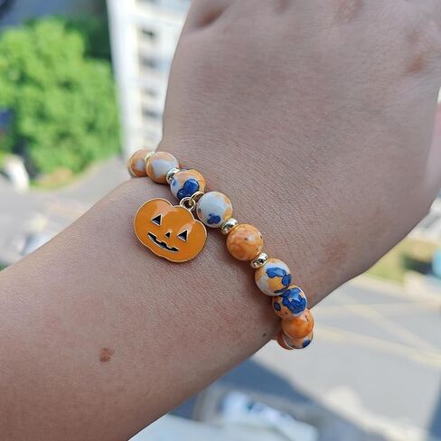 Lepida Pumpkin Charm Beaded Bracelet for Gift for Friend Stone Beads Stretch Bracelets for Men Women Halloween Jewerly in Kuwait