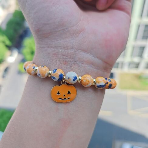 Lepida Pumpkin Charm Beaded Bracelet for Gift for Friend Stone Beads Stretch Bracelets for Men Women Halloween Jewerly in Kuwait