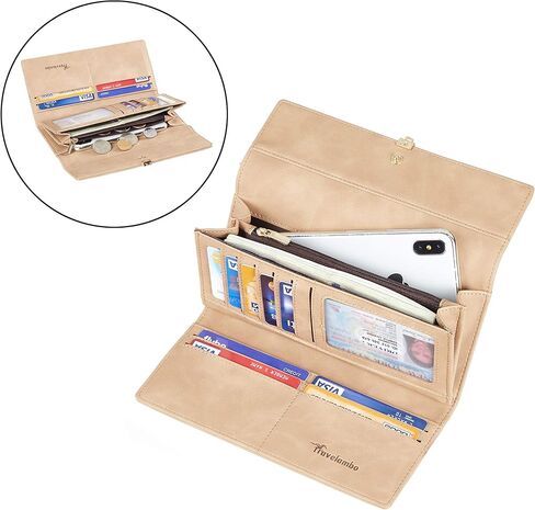 محفظة نسائية من Travelambo مصنوعة من جلد البولي يوريثان ومزودة بخاصية حجب تحديد الهوية بموجات الراديو وحامل بطاقات متعدد بسعة كبيرة ومنظم وسحاب للعملات المعدنية in Kuwait