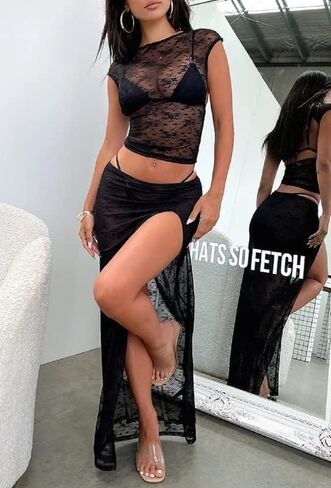 Women Crochet Knit 2 Piece Long Skirt Sets Hollow Out Crop Top Bodycon High Waist Side Slit Maxi Skirt Summer Sets in Saudi Arabia