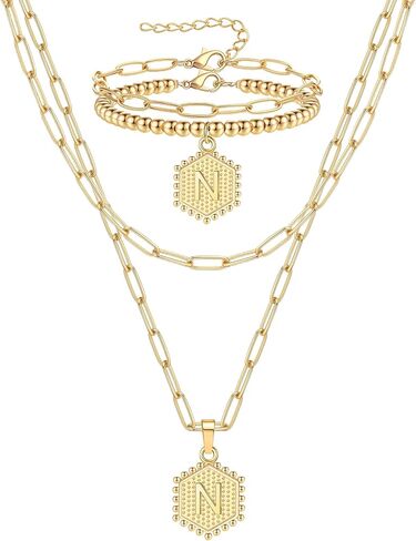 FIRAZIO داينتي الطبقات القلائد الأولية مجموعة أساور للنساء العصرية، 14K مطلية بالذهب ورقة مشبك سلسلة قلادة لطيف رسالة قلادة قلادة الأولية قلادة القلائد الذهبية الطبقات للنساء in Kuwait