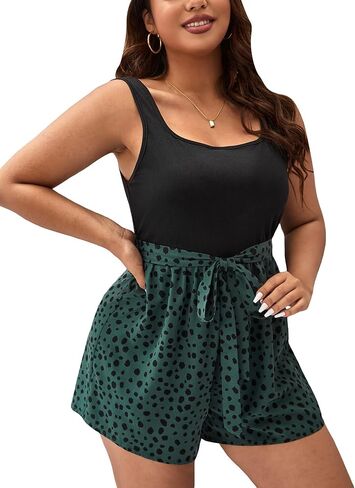 بدلة قفز نسائية صيفية مقاس كبير من Cozyease برقبة مربعة وأكمام بدون أكمام وحزام وزرة ملونة in Kuwait