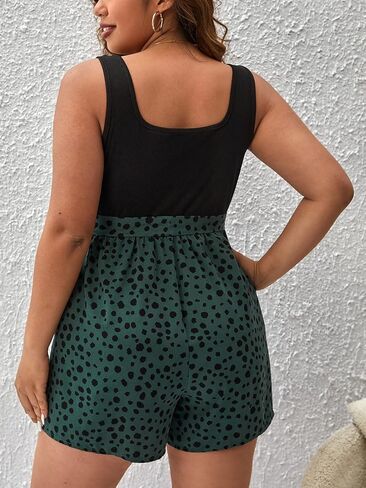 بدلة قفز نسائية صيفية مقاس كبير من Cozyease برقبة مربعة وأكمام بدون أكمام وحزام وزرة ملونة in Kuwait