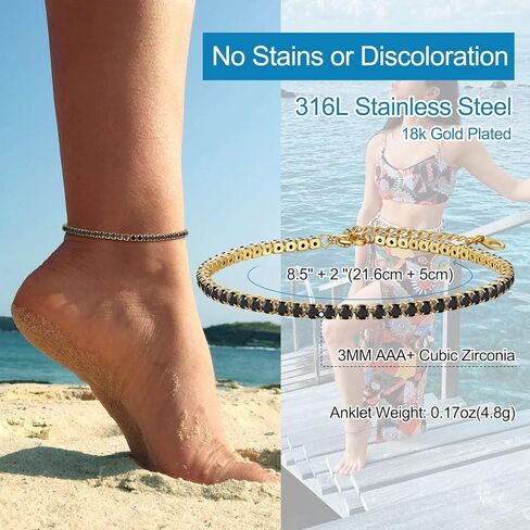 أساور الكاحل للتنس من FOCALOOK للنساء، خلخال مطلي بالذهب عيار 18 قيراط للنساء مقاوم للماء، خلخال زركونيا مكعب أنيق | الحجم 8.5-10.5 بوصة in Kuwait