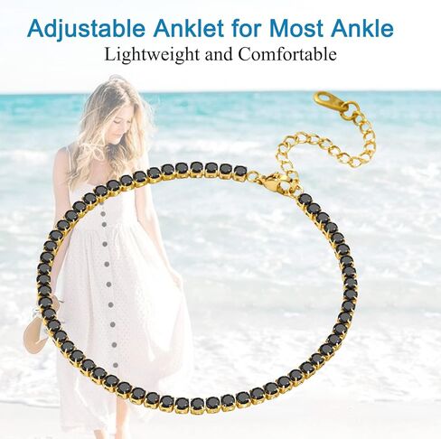 أساور الكاحل للتنس من FOCALOOK للنساء، خلخال مطلي بالذهب عيار 18 قيراط للنساء مقاوم للماء، خلخال زركونيا مكعب أنيق | الحجم 8.5-10.5 بوصة in Kuwait