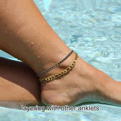 أساور الكاحل للتنس من FOCALOOK للنساء، خلخال مطلي بالذهب عيار 18 قيراط للنساء مقاوم للماء، خلخال زركونيا مكعب أنيق | الحجم 8.5-10.5 بوصة in Kuwait