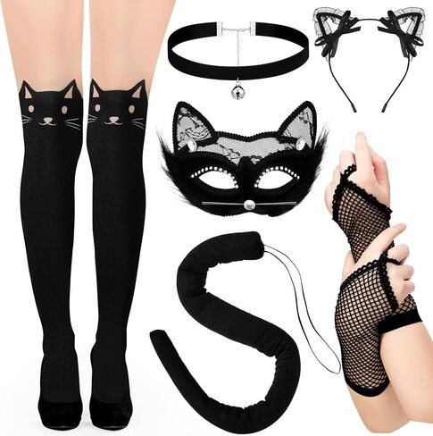 Black Cat Costume Set for Women Includes Masquerade Mask Cat Socks Lace Ears Choker Necklace Fishnet Gloves Tail Hosiery for Halloween Party Cosplay in Saudi Arabia