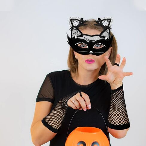Black Cat Costume Set for Women Includes Masquerade Mask Cat Socks Lace Ears Choker Necklace Fishnet Gloves Tail Hosiery for Halloween Party Cosplay in Saudi Arabia