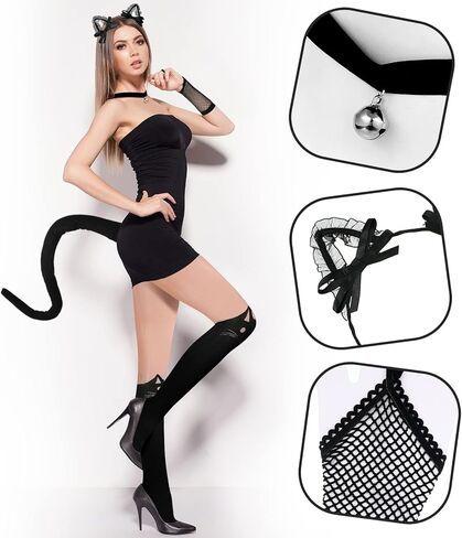 Black Cat Costume Set for Women Includes Masquerade Mask Cat Socks Lace Ears Choker Necklace Fishnet Gloves Tail Hosiery for Halloween Party Cosplay in Saudi Arabia