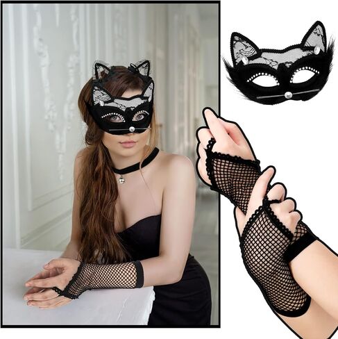 Black Cat Costume Set for Women Includes Masquerade Mask Cat Socks Lace Ears Choker Necklace Fishnet Gloves Tail Hosiery for Halloween Party Cosplay in Saudi Arabia