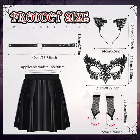 Toulite 5 Pcs Halloween Cat Costume for Women Include Black Cosplay Cat Masquerade Eye Cover Heart Choker Necklace Fishnet Gloves Cat Ears Headband High Waisted Leather Skirt in Saudi Arabia