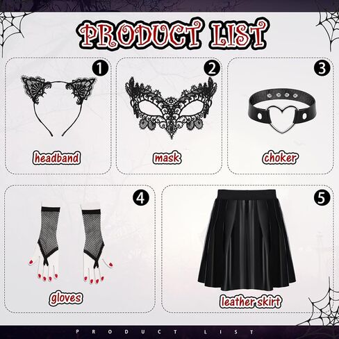 Toulite 5 Pcs Halloween Cat Costume for Women Include Black Cosplay Cat Masquerade Eye Cover Heart Choker Necklace Fishnet Gloves Cat Ears Headband High Waisted Leather Skirt in Saudi Arabia