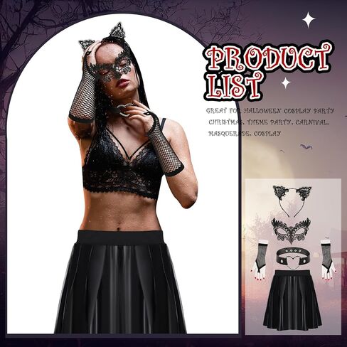 Toulite 5 Pcs Halloween Cat Costume for Women Include Black Cosplay Cat Masquerade Eye Cover Heart Choker Necklace Fishnet Gloves Cat Ears Headband High Waisted Leather Skirt in Saudi Arabia
