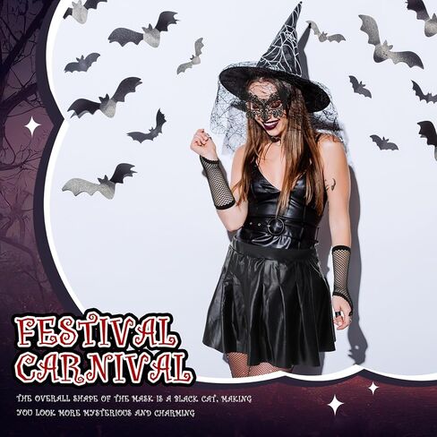 Toulite 5 Pcs Halloween Cat Costume for Women Include Black Cosplay Cat Masquerade Eye Cover Heart Choker Necklace Fishnet Gloves Cat Ears Headband High Waisted Leather Skirt in Saudi Arabia
