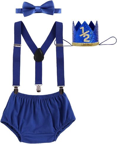 IBTOM CASTLE Baby Boy 1/2 Birthday Cake Smash Outfit Diaper Cover+Suspenders+Bow Tie+Crown Newborn Photography Clothes Set in Saudi Arabia