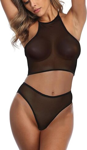 SHERRYLO طقم لانجري شفاف، توب قصير أسود ومجموعة قصيرة من الغنائم مكونة من قطعتين شفاف من خلال رقبة عالية وجزء سفلي عالي الخصر in Kuwait