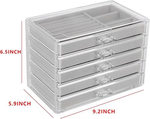 منظم مجوهرات أكريليك CQ مع 5 أدراج صندوق مجوهرات أكريليك شفاف هدية للنساء والرجال والأطفال والفتاة الصغيرة حامل عرض قرط مخملي قابل للتكديس للأقراط وسوار وقلادة، بيج in Kuwait