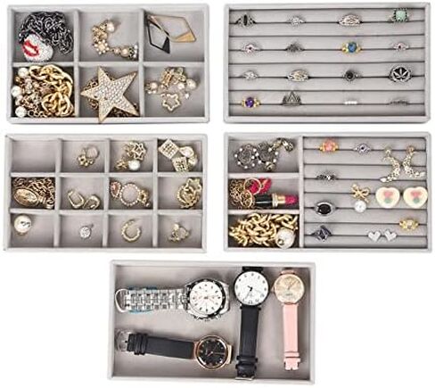 منظم مجوهرات أكريليك CQ مع 5 أدراج صندوق مجوهرات أكريليك شفاف هدية للنساء والرجال والأطفال والفتاة الصغيرة حامل عرض قرط مخملي قابل للتكديس للأقراط وسوار وقلادة، بيج in Kuwait