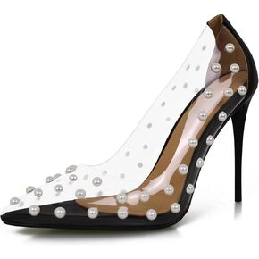 iadore Women's Pumps,11cm Pointed Toe Women High Heel Shoes Fashion Pearl Studded PVC Clear Heels Party Dress Pump Shoes