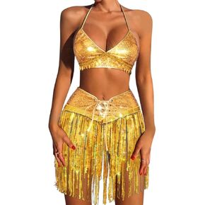 طقم تنانير بشراشيب من الترتر من كاكاكو، تنورة رقص شرقي لامعة، زي رقص قصير، زي حفلات الهذيان للنساء والفتيات in Kuwait