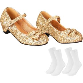 Haysandy Girls Glitter Dress Shoes Low Heel Princess Flats for Kids Toddler Flower Wedding Party Shoes with 2 Pairs Socks in Kuwait