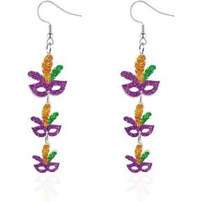 Mardi Gras Earrings for Women, Carnival Theme Champagne Mask Hat Acrylic Earrings for Girls, Mardi Gras Dangle Earrings for Holiday Mardi Gras Gifts.