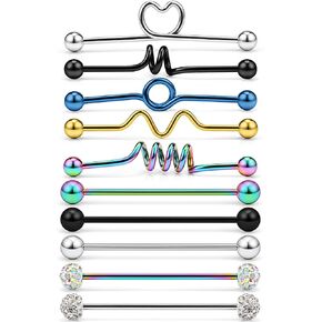 Dyknasz Industrial Barbell Earring Surgical Steel 14 Gauge Cartilage Earring Piercing Body Jewelry 1 1/2 Inch(38mm) Bar-Straight Coil Wave Twister Spiral Heart 10PCS in Kuwait