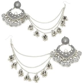 Bohemian Jhumka Jhumki Earrings Traditional Long Chain Tassel Bell Dangle Drop Fashion Dangling Crystal Earring Bollywood Ethnic Gypsy Indian Unique for Women Girl Oxidized Jewelry Gifts in Kuwait
