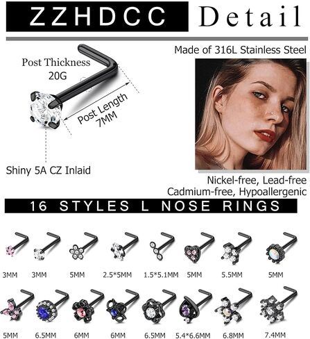 ZZHDCC حلقات الأنف 20 جرام الجراحية الفولاذ المقاوم للصدأ حلقات الأنف ترصيع للنساء الرجال تشيكوسلوفاكيا زهرة نجمة هالة القلب فراشة الأنف ثقب الجسم مجوهرات متعددة الشكل L على شكل ترصيع الأنف مجموعة 16 قطعة in Kuwait