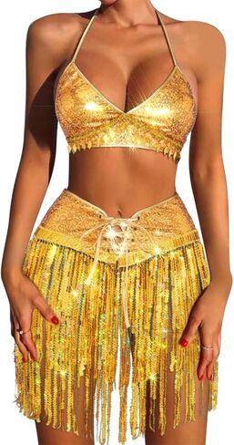 طقم تنانير بشراشيب من الترتر من كاكاكو، تنورة رقص شرقي لامعة، زي رقص قصير، زي حفلات الهذيان للنساء والفتيات in Kuwait