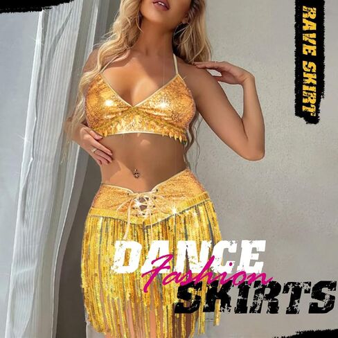 طقم تنانير بشراشيب من الترتر من كاكاكو، تنورة رقص شرقي لامعة، زي رقص قصير، زي حفلات الهذيان للنساء والفتيات in Kuwait