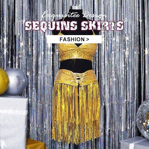 طقم تنانير بشراشيب من الترتر من كاكاكو، تنورة رقص شرقي لامعة، زي رقص قصير، زي حفلات الهذيان للنساء والفتيات in Kuwait