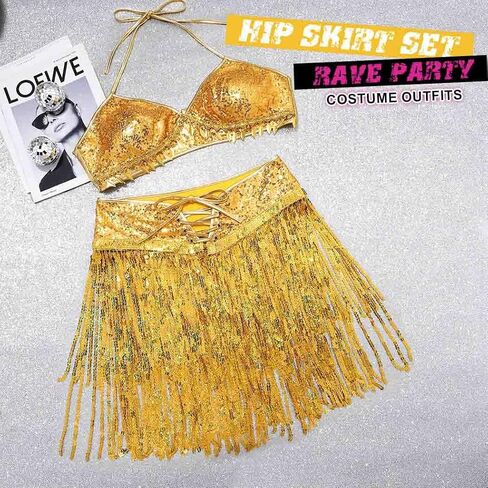 طقم تنانير بشراشيب من الترتر من كاكاكو، تنورة رقص شرقي لامعة، زي رقص قصير، زي حفلات الهذيان للنساء والفتيات in Kuwait