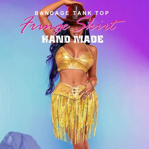 طقم تنانير بشراشيب من الترتر من كاكاكو، تنورة رقص شرقي لامعة، زي رقص قصير، زي حفلات الهذيان للنساء والفتيات in Kuwait