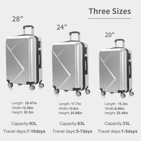 Edtian 3 Piece Luggage Sets, PC+ABS Suitcases (20", 24", 28"), Silver in Saudi Arabia