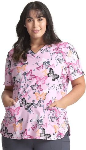 Infinity Women V-Neck Print Top with 2 Pocket Princess Seams Rib-Knit with Logo Metal O-Ring at Right Shoulder CK634 in Saudi Arabia