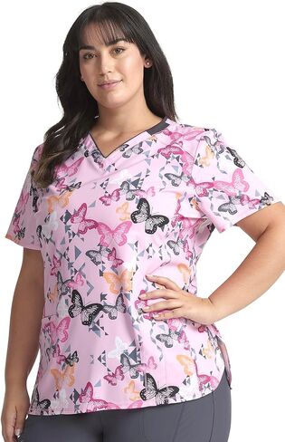 Infinity Women V-Neck Print Top with 2 Pocket Princess Seams Rib-Knit with Logo Metal O-Ring at Right Shoulder CK634 in Saudi Arabia