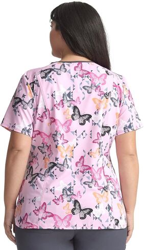 Infinity Women V-Neck Print Top with 2 Pocket Princess Seams Rib-Knit with Logo Metal O-Ring at Right Shoulder CK634 in Saudi Arabia