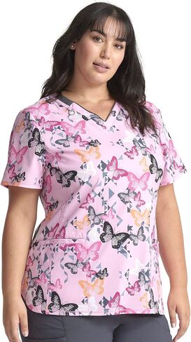 Infinity Women V-Neck Print Top with 2 Pocket Princess Seams Rib-Knit with Logo Metal O-Ring at Right Shoulder CK634 in Saudi Arabia