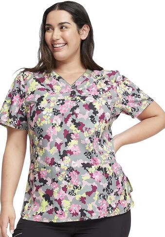 Infinity Women V-Neck Print Top with 2 Pocket Princess Seams Rib-Knit with Logo Metal O-Ring at Right Shoulder CK634 in Saudi Arabia
