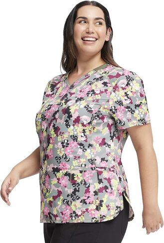 Infinity Women V-Neck Print Top with 2 Pocket Princess Seams Rib-Knit with Logo Metal O-Ring at Right Shoulder CK634 in Saudi Arabia
