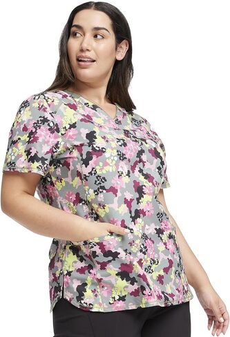 Infinity Women V-Neck Print Top with 2 Pocket Princess Seams Rib-Knit with Logo Metal O-Ring at Right Shoulder CK634 in Saudi Arabia