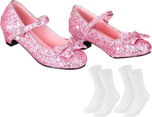 Haysandy Girls Glitter Dress Shoes Low Heel Princess Flats for Kids Toddler Flower Wedding Party Shoes with 2 Pairs Socks in Saudi Arabia