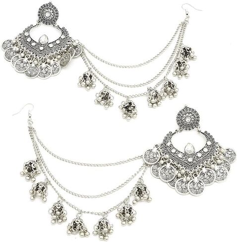 البوهيمي Jhumka Jhumki الأقراط التقليدية سلسلة طويلة شرابة جرس استرخى قطرة الأزياء المتدلية الكريستال القرط بوليوود العرقية الغجر الهندي فريدة من نوعها للنساء فتاة مؤكسدة مجوهرات هدايا in Kuwait