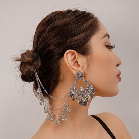 البوهيمي Jhumka Jhumki الأقراط التقليدية سلسلة طويلة شرابة جرس استرخى قطرة الأزياء المتدلية الكريستال القرط بوليوود العرقية الغجر الهندي فريدة من نوعها للنساء فتاة مؤكسدة مجوهرات هدايا in Kuwait