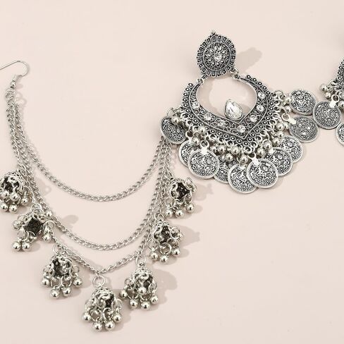 البوهيمي Jhumka Jhumki الأقراط التقليدية سلسلة طويلة شرابة جرس استرخى قطرة الأزياء المتدلية الكريستال القرط بوليوود العرقية الغجر الهندي فريدة من نوعها للنساء فتاة مؤكسدة مجوهرات هدايا in Kuwait